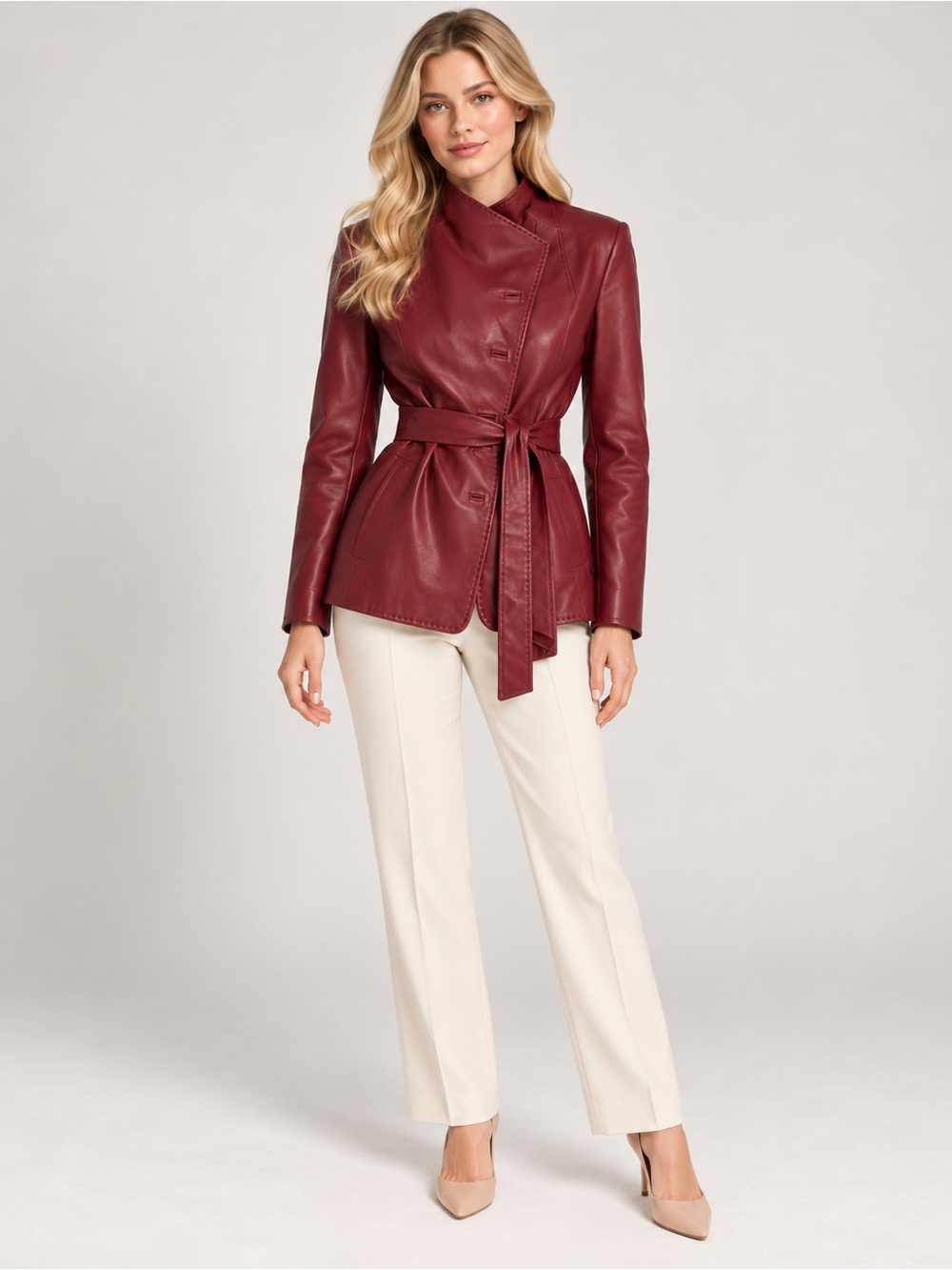 Max Mara Holt Renfrew Italy Burgundy Lamb Leather Belted Blazer Jacket 42 US 8
